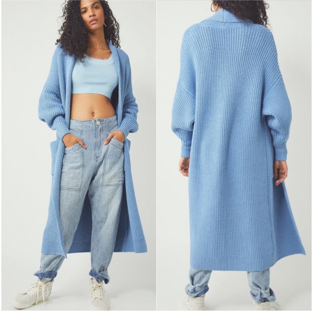Free People Skylark Longline Cardigan Sweater Coat Blue XS excellent condition